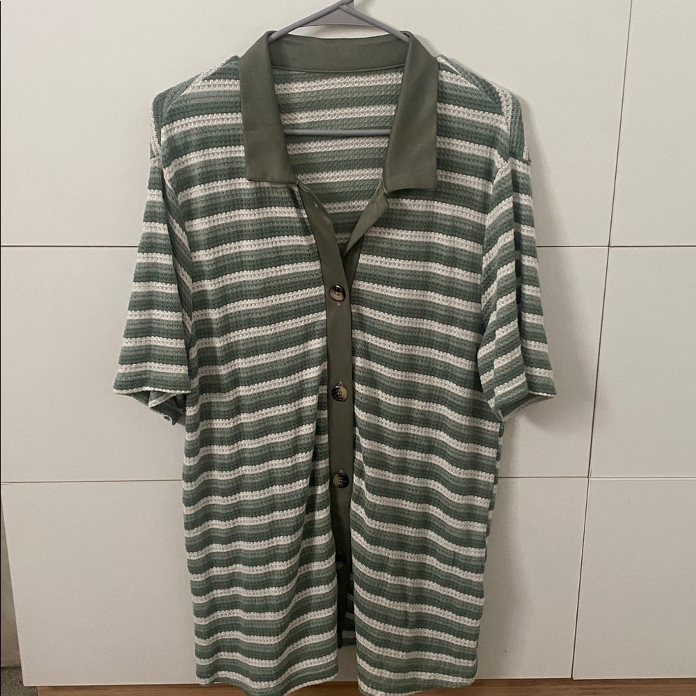 Striped Green and White Button-Up Shirt and Short Set